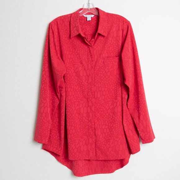 Athleta Urbanite Textured Top Red Long Sleeve Button Down Blouse Cheetah Print - Picture 2 of 14